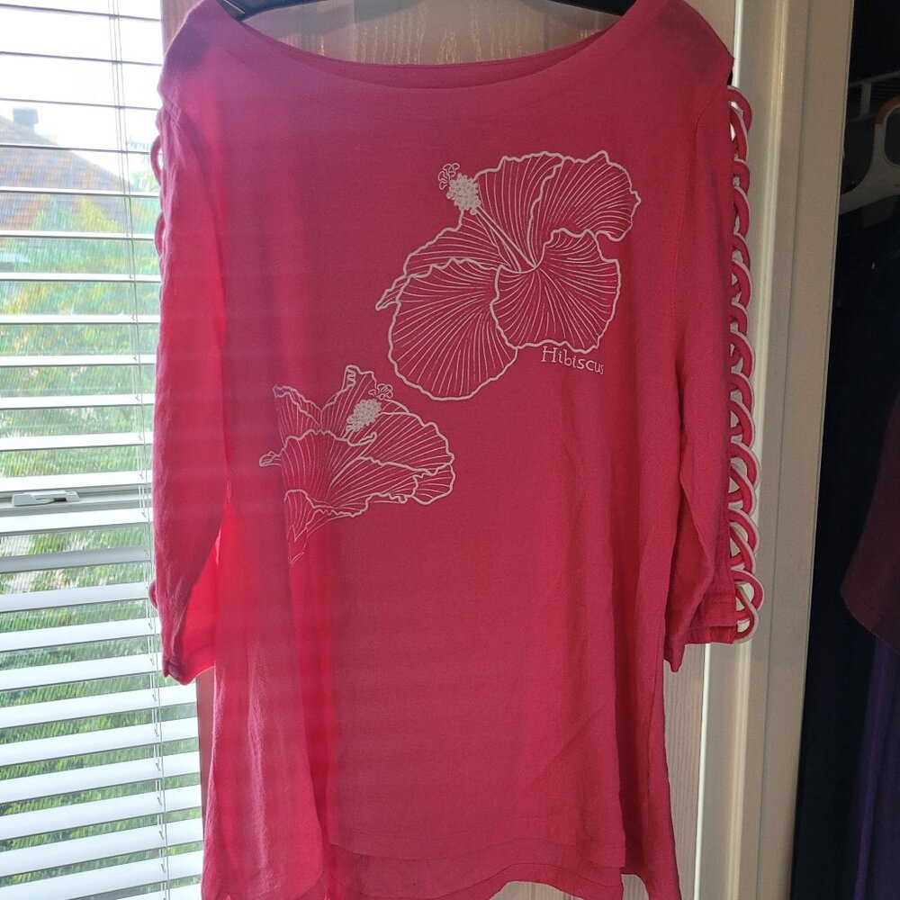LuluBs pink hawaiian hibiscus shirt top with open braided sleeves